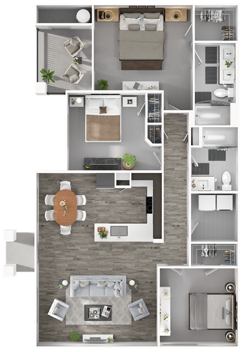 A detailed floor plan of a modern apartment with a living room, kitchen, and bedrooms.